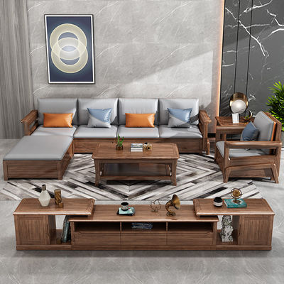 Sofá de teca de madera maciza de 7 asientos Set de salón modular con tapicería de cuero