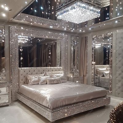 Últimos diseños de muebles de dormitorio, cama tapizada con espejo de lujo con diamantes de cristal, tamaño King/Queen para hoteles y villas