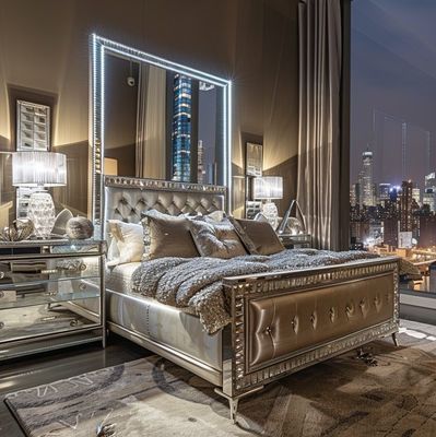 Juego de dormitorio específico con espejo, estilo moderno, cama tamaño queen, muebles con diseño contemporáneo
