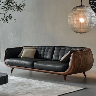 Sofá seccional de madera elegante con extremo, diseño italiano moderno para sala de estar, juego de villa con cuero genuino de lujo y muebles